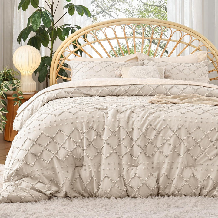 Juego de edredón tamaño queen, edredón beige, juego de edredón bohemio con mechones estilo shabby chic, juego de cama vintage de 3 piezas para todas las estaciones, juego de cama suave y esponjoso con 2 fundas de almohada