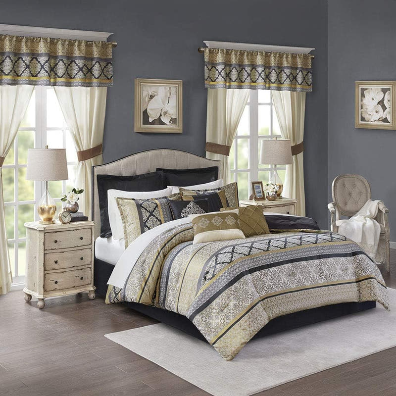 Conjunto de lujo: elegante conjunto de habitación en bolsa de satén, 24 piezas con cortinas y almohadas decorativas a juego 