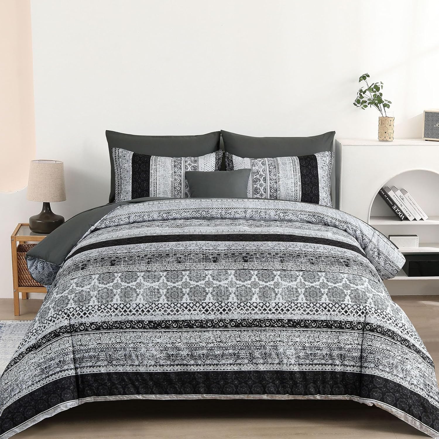 Boho Floral Bed in a Bag Set - 8 Pcs Striped Microfiber Comforter Set