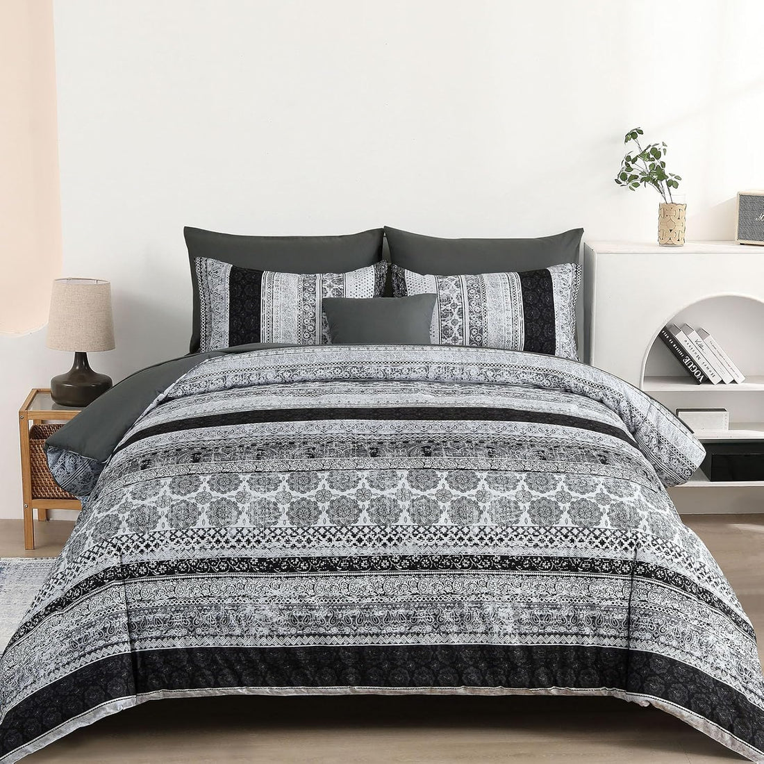 Juego de cama con estampado floral bohemio en una bolsa: juego de 8 piezas de edredón de microfibra a rayas