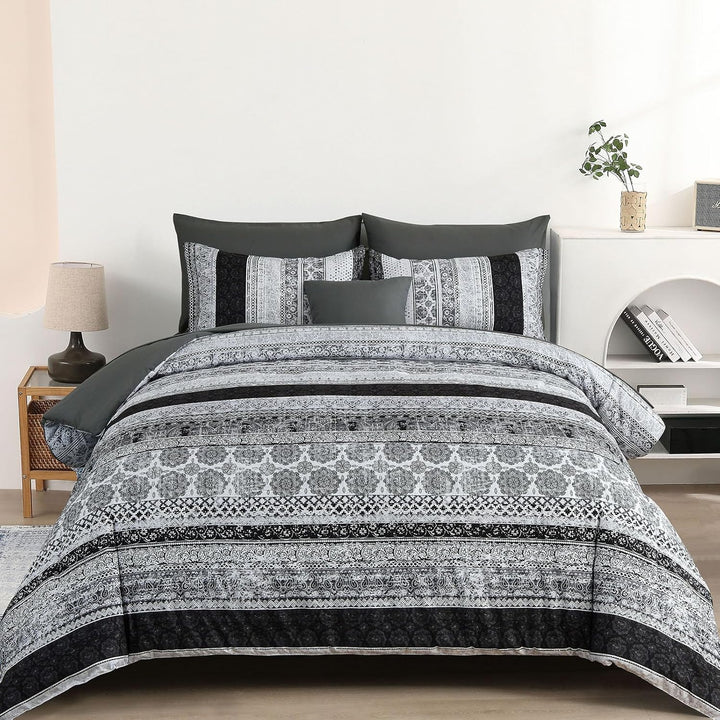 Juego de cama con estampado floral bohemio en una bolsa: juego de 8 piezas de edredón de microfibra a rayas