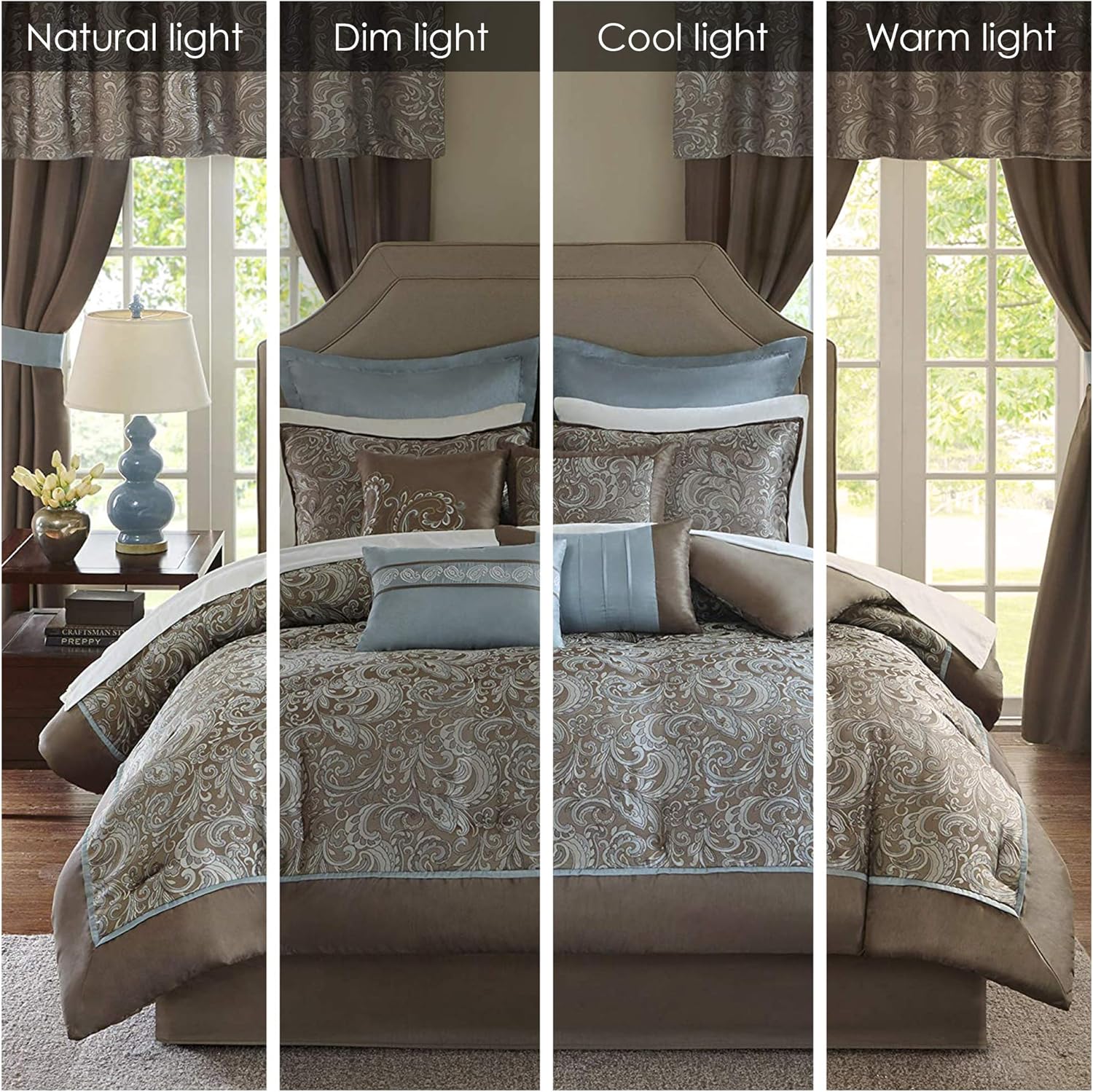 Luxe Faux Silk Jacquard Paisley Room in a Bag - 24 Pcs. with Matching Curtains, Decorative Pillows