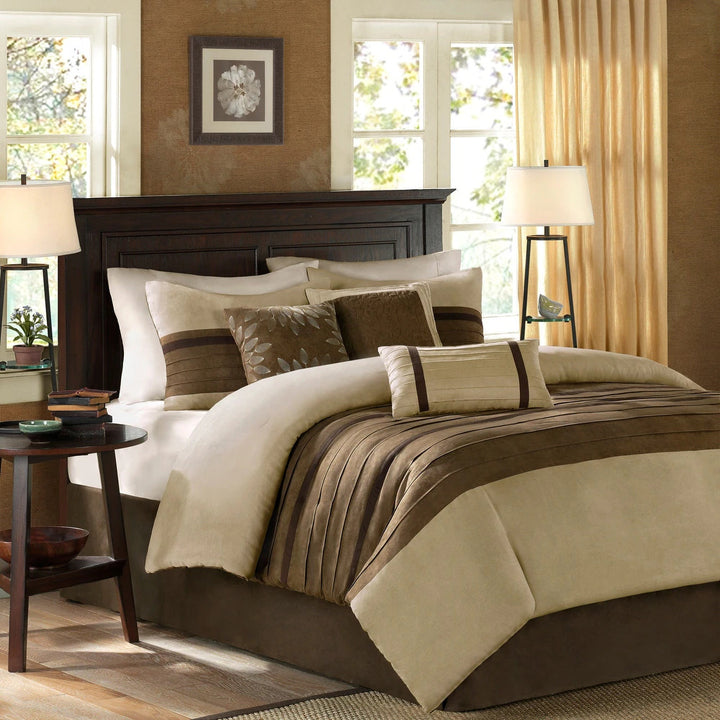 Luxe Suede with Striped Accent Bed in a Bag - 7 Pcs. with Matching Shams, Bed Skirt