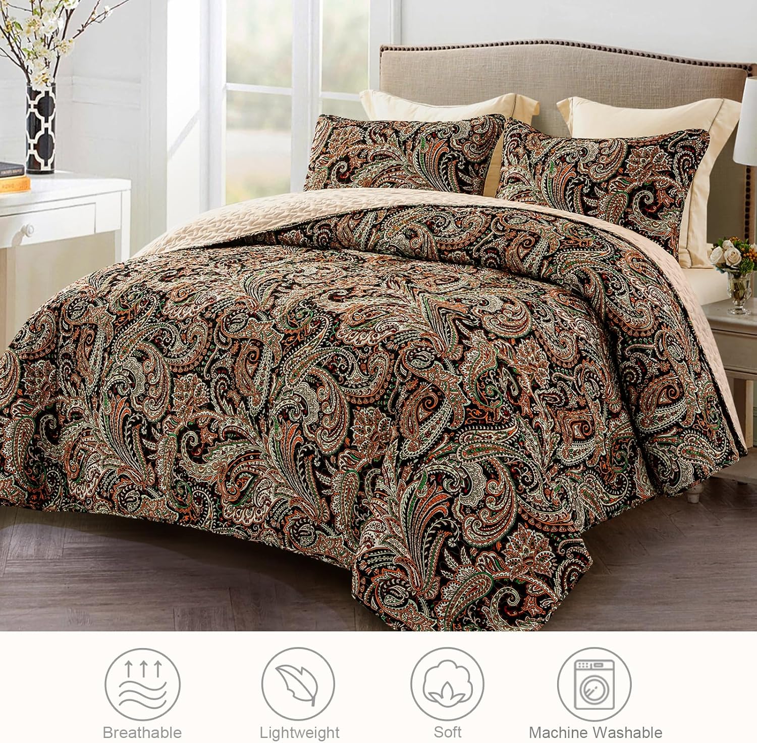 Reversible Paisley Boho Quilt Set - 3 Pieces Paisley All Season Bedspreads