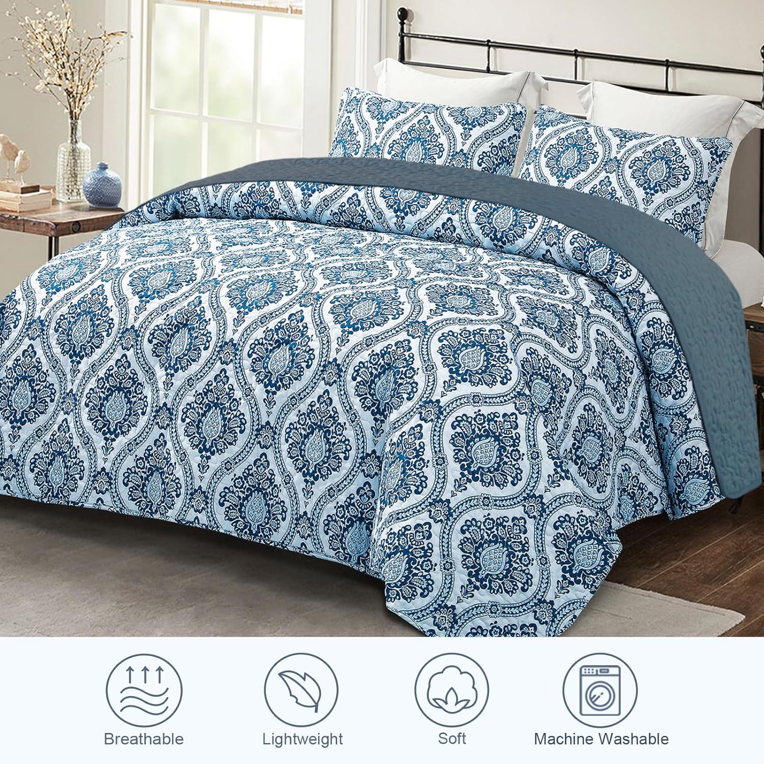 Reversible Damask Boho Quilt Set - 3 Pieces All Season Ultra Soft Bedspread