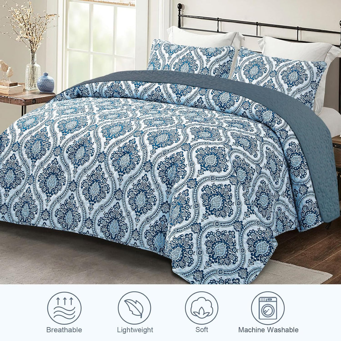 Reversible Damask Boho Quilt Set - 3 Pieces All Season Ultra Soft Bedspread