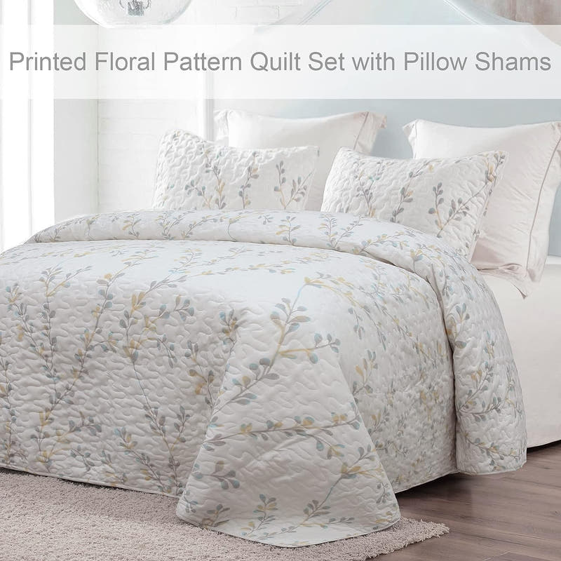 Juego de edredón floral ligero reversible: cubrecamas suaves para todas las estaciones de 3 piezas