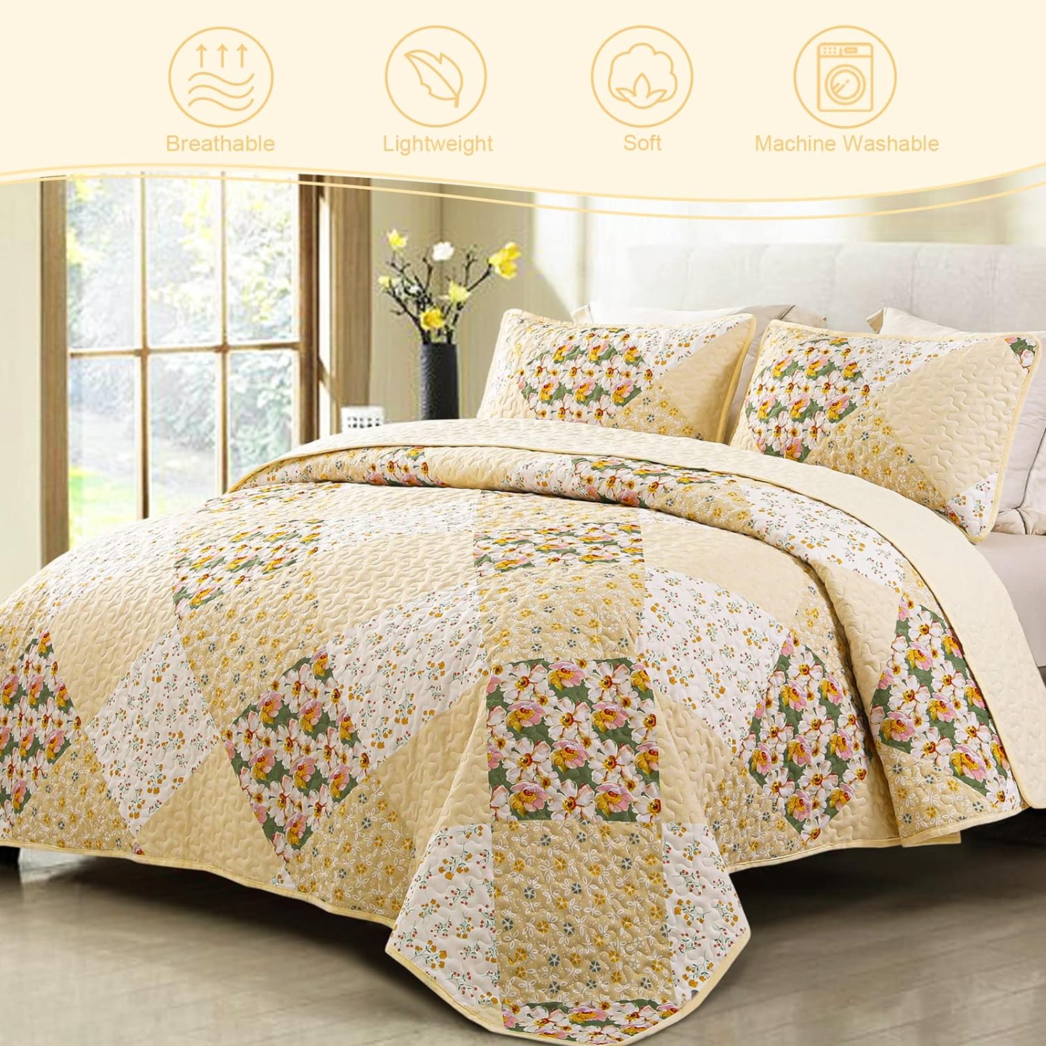 Juego de edredón reversible con diseño de patchwork bohemio y flores: 3 piezas para todas las estaciones