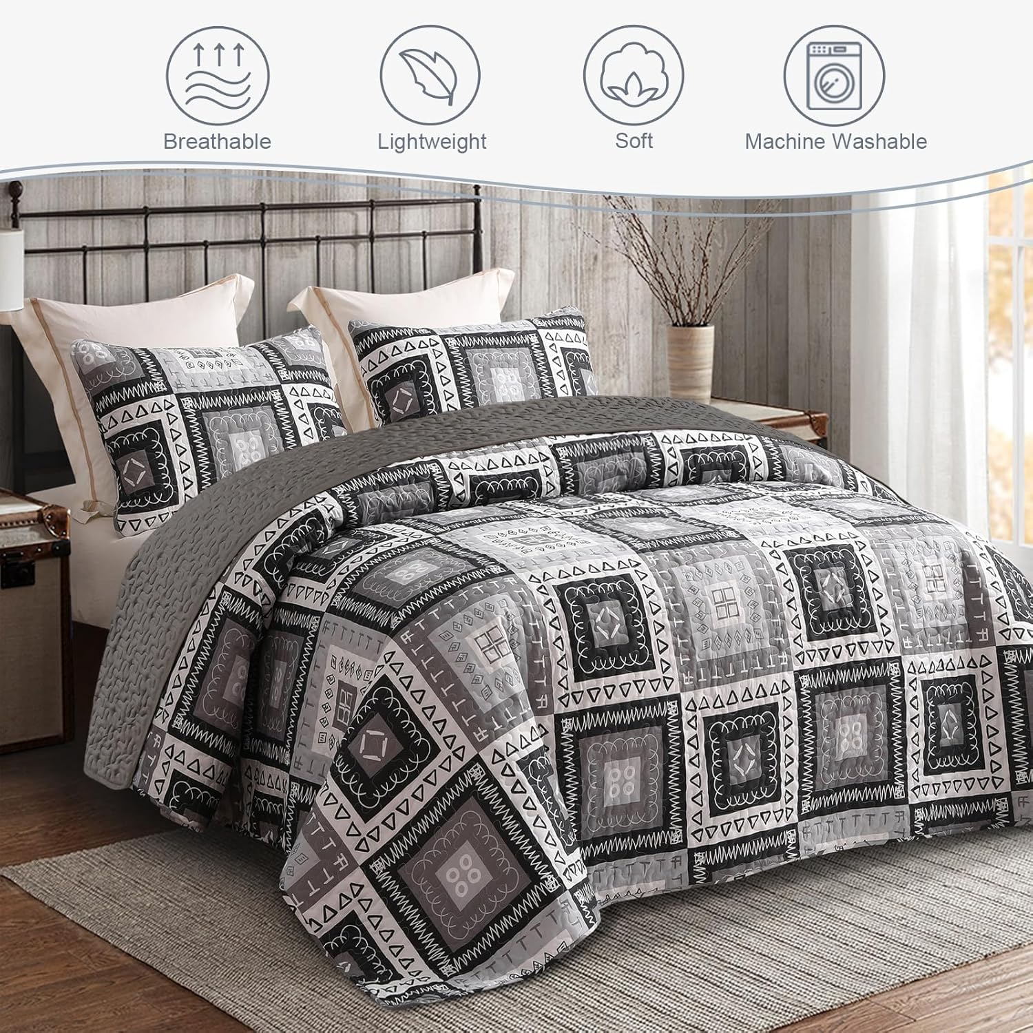 Reversible Patchwork Geometric Boho Quilt Set - 3 Pieces All Season Bedspread Set