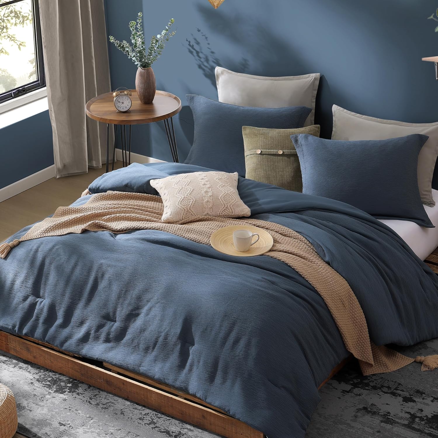 Juego de edredón Queen azul, juego de cama Queen texturizado para ropa de cama de primera calidad, juegos de cama Queen minimalistas de 3 piezas con edredón liviano y fundas (Queen, 90" x 90")