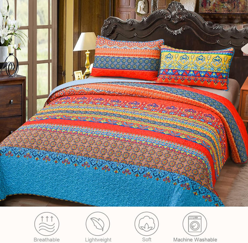Juego de edredón reversible ultra suave con estampado bohemio, 3 piezas, bohemio para todas las estaciones