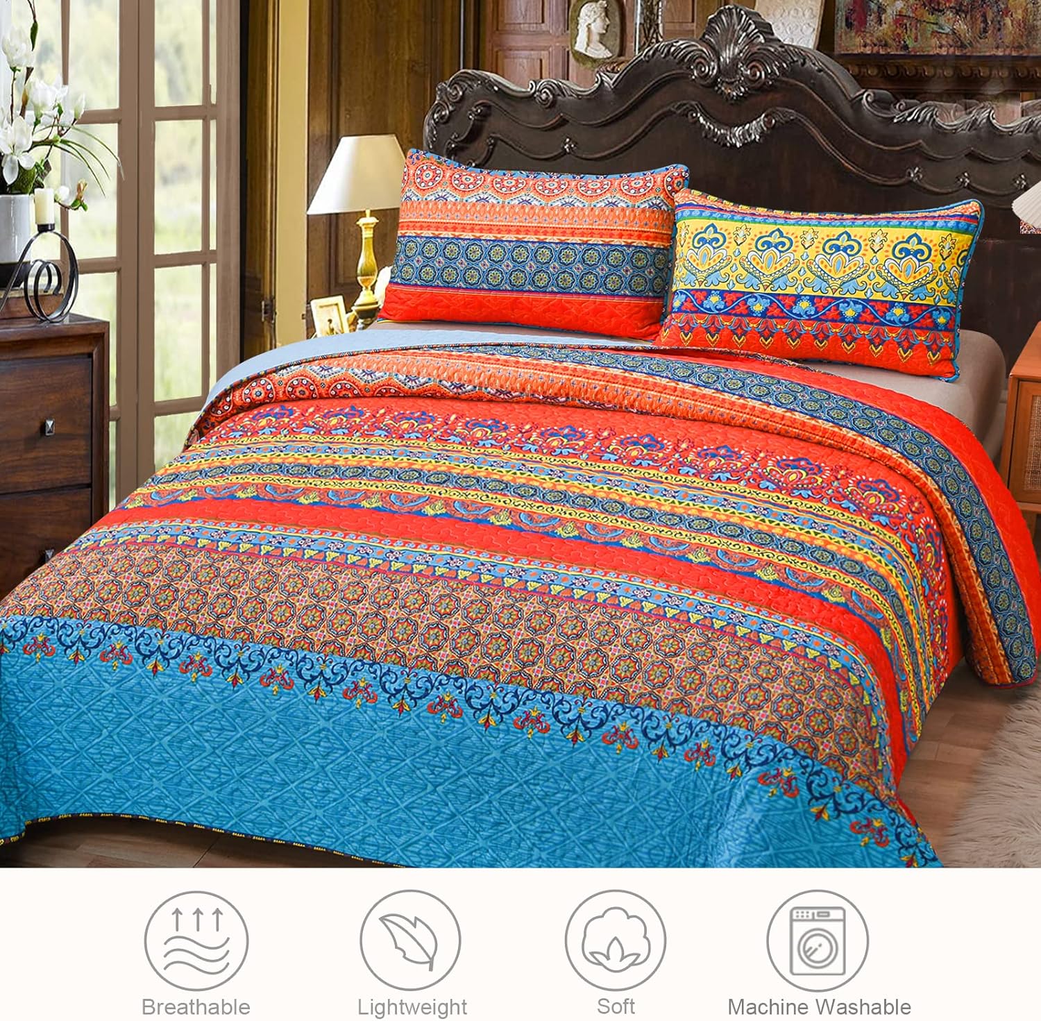 Reversible Ultra Soft Boho Pattern Quilt Set - 3 Pcs. Bohemian All Season