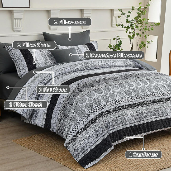 Juego de cama con estampado floral bohemio en una bolsa: juego de 8 piezas de edredón de microfibra a rayas