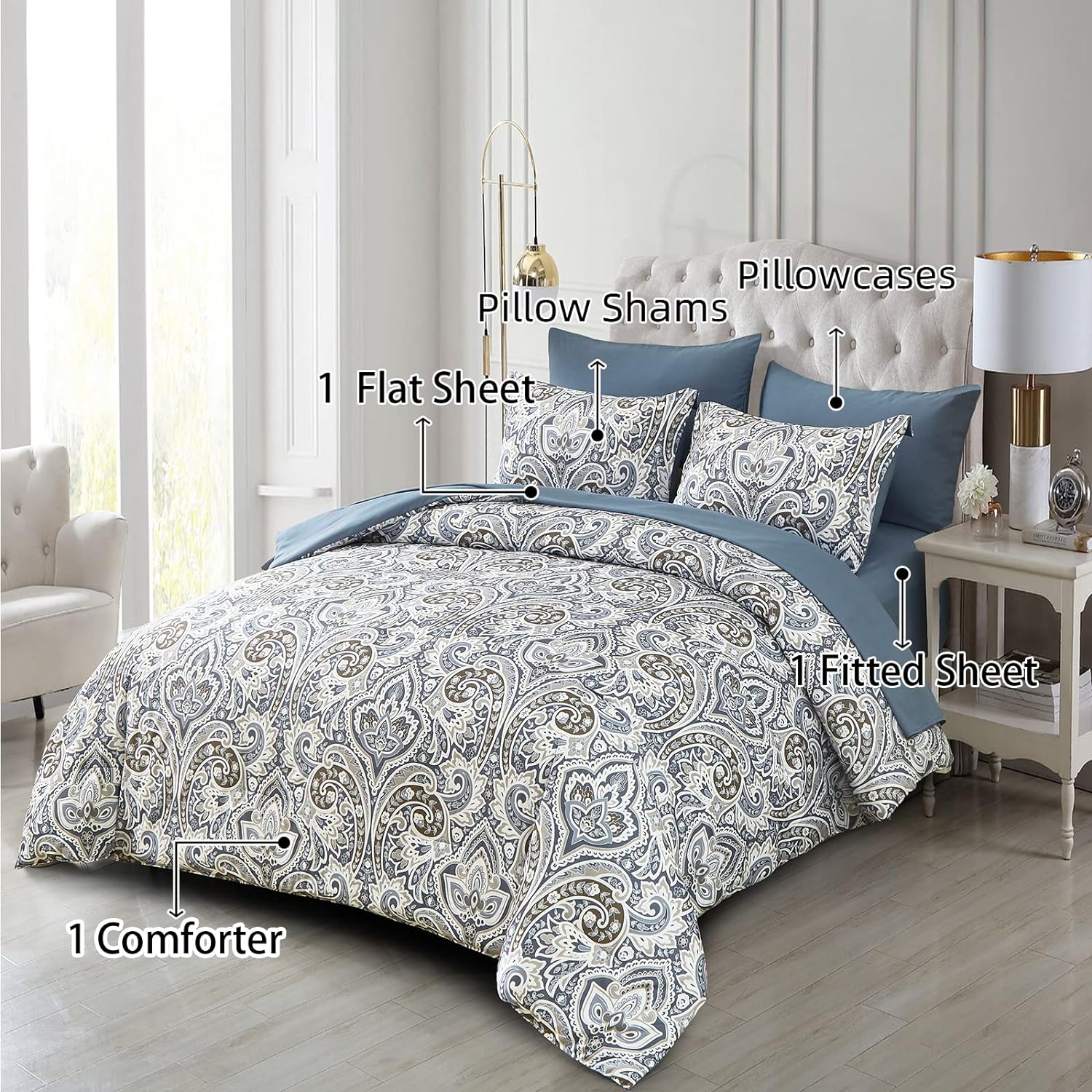 Paisley Pattern Bed in a Bag Set - 7 Pcs Blue Boho Comforter Set