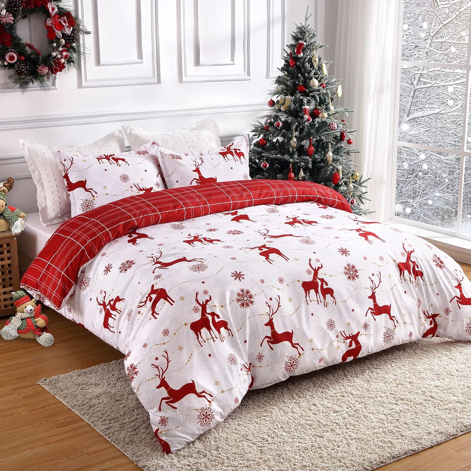 Christmas Reversible Duvet Cover Set - 3 Pcs. Reindeer/Plaid