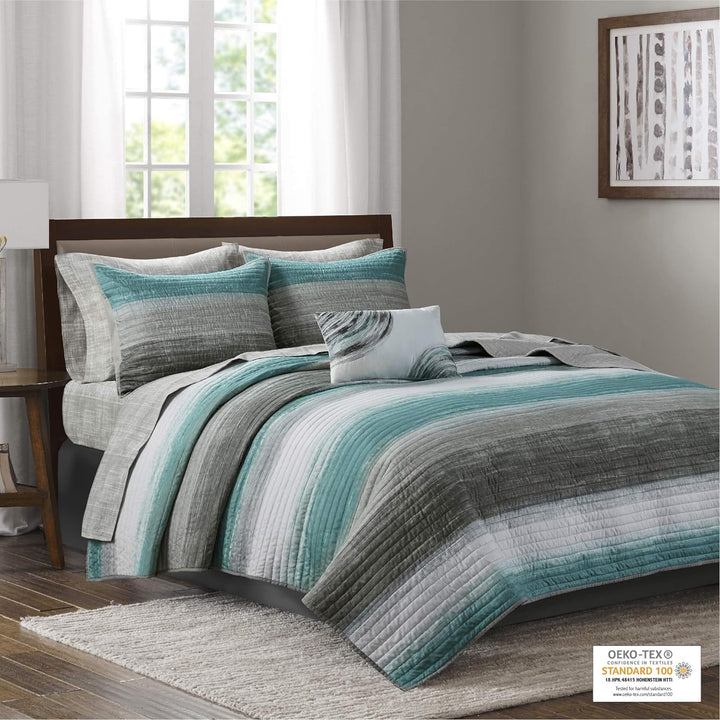 Reversible Striped Quilted Bed in A Bag Set - 8 Pcs. with Sheet Set, Decorative Pillow