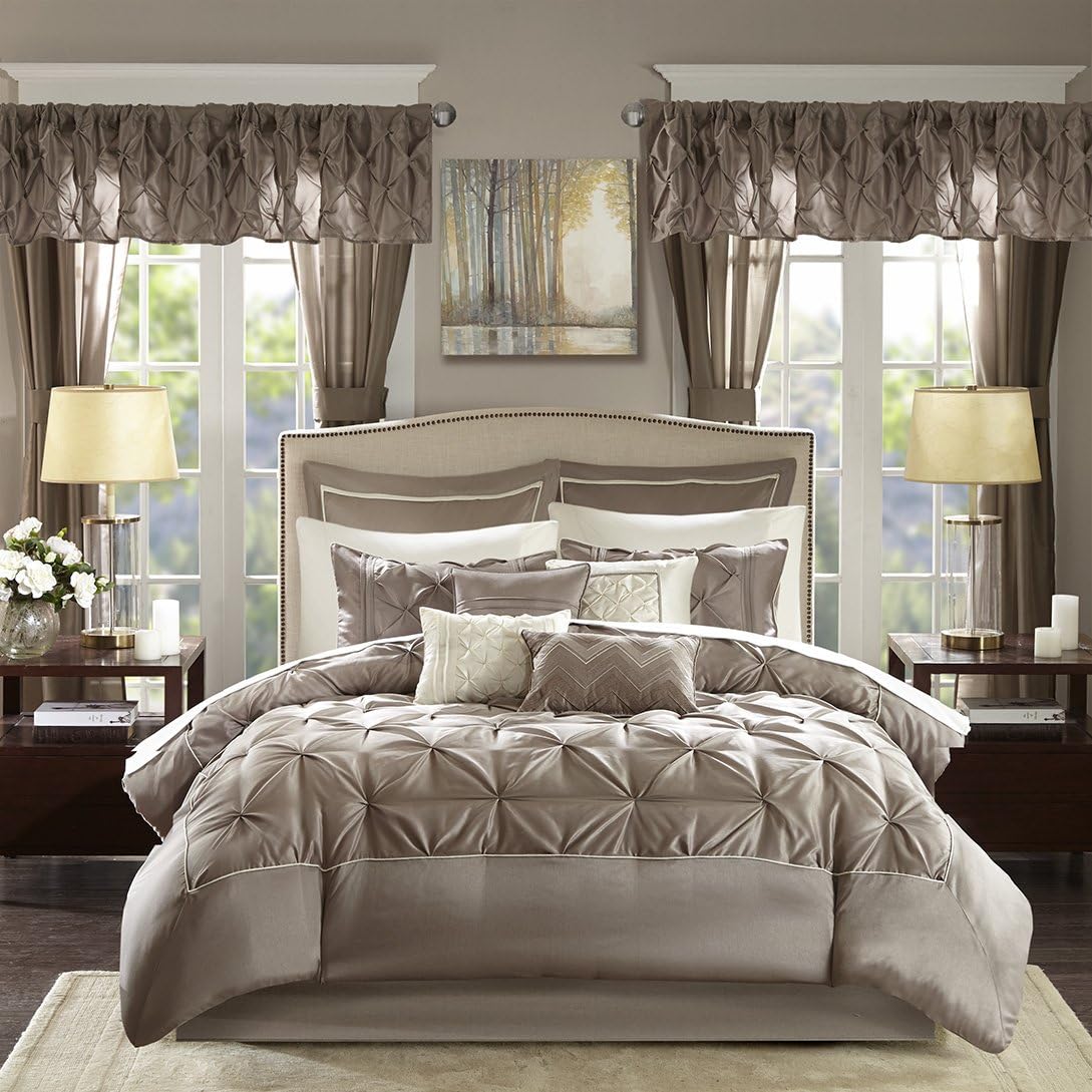 Luxe Faux Silk Tufted Diamond Room in a Bag Set - 24 Pcs. with Matching Curtains, Decorative Pillows