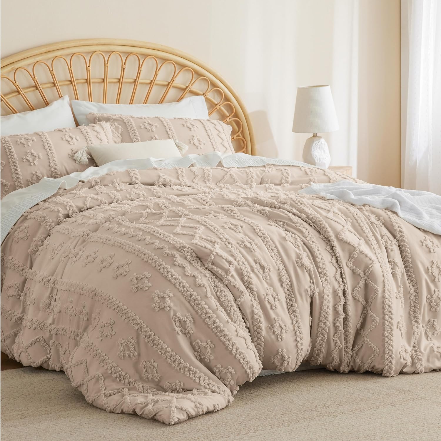 Juego de edredón bohemio con mechones, tamaño queen, juego de edredón bohemio color caqui, juego de cama de 3 piezas con bordado Shabby Chic de granja, regalos para mujer, edredón de jacquard suave para todas las estaciones