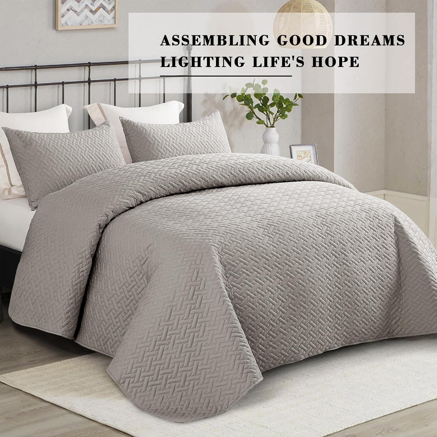 All Season Lightweight Basket Quilt Bedding Set - 3 Pcs. with Pillow Shams