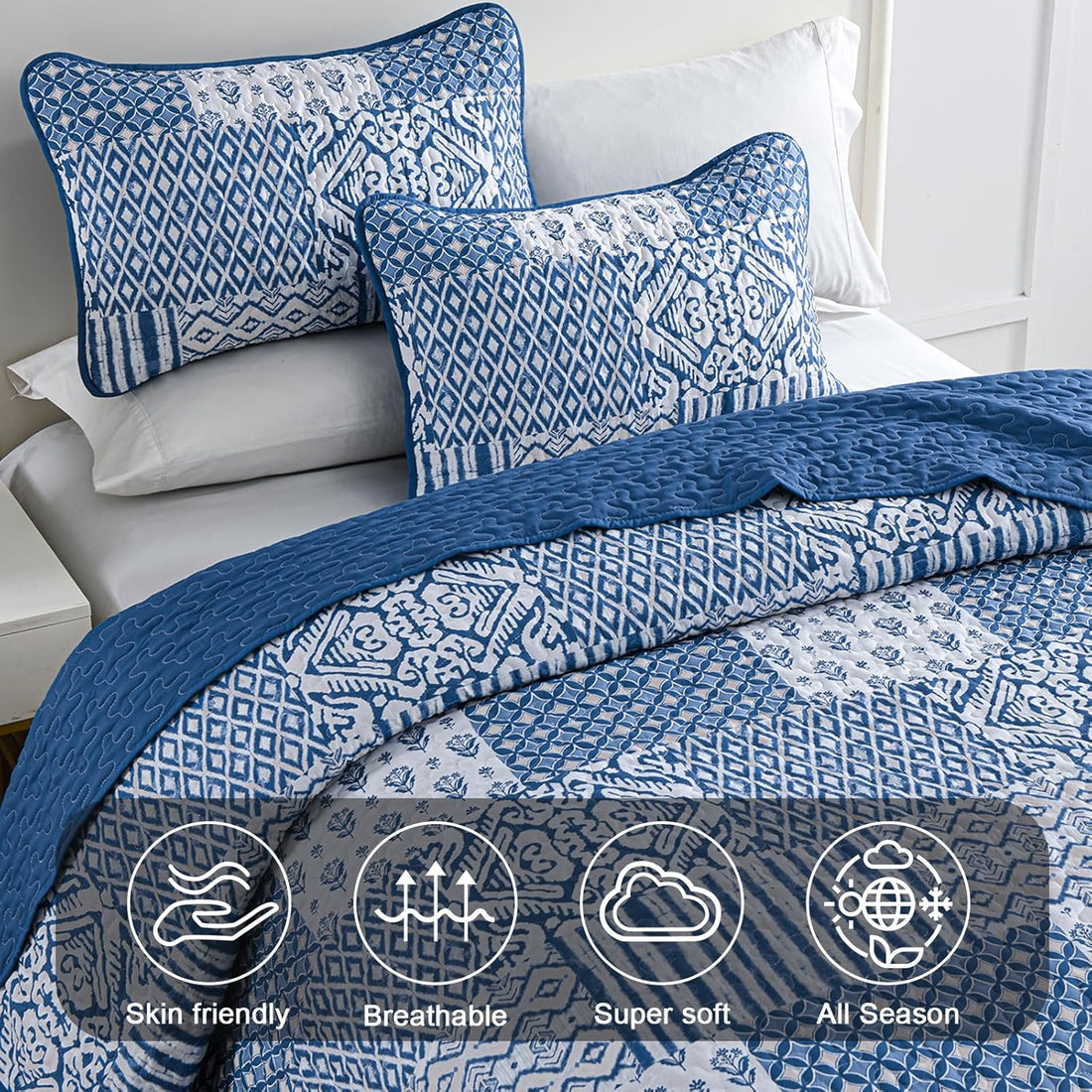 Floral Boho Geometric Patchwork Quilt Set - 3 Pcs Coverlet Set