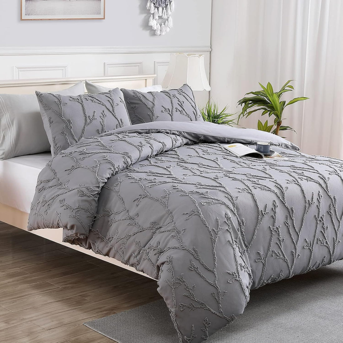 Embroidered Floral Duvet Cover Set - 3 Pcs. Chic Tufted Branches