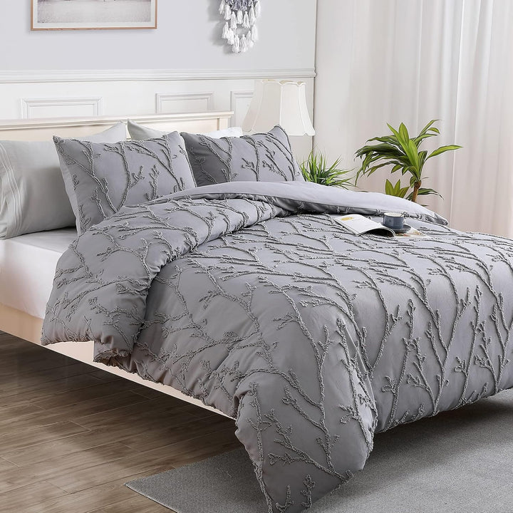 Embroidered Floral Duvet Cover Set - 3 Pcs. Chic Tufted Branches