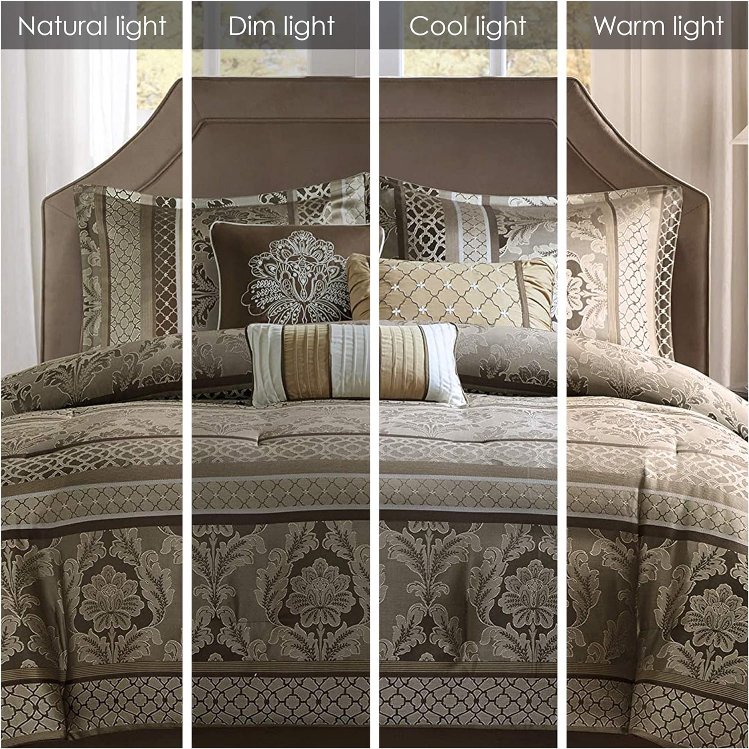 Juego de cama en bolsa de lujo con diseño de damasco y jacquard: 7 piezas con fundas de almohada y faldón de cama a juego