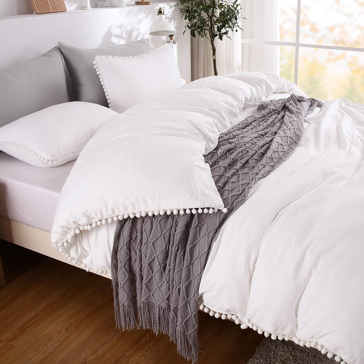 Washed Microfiber Duvet Cover Set, 3 Pcs. with Pom-Pom Fringe