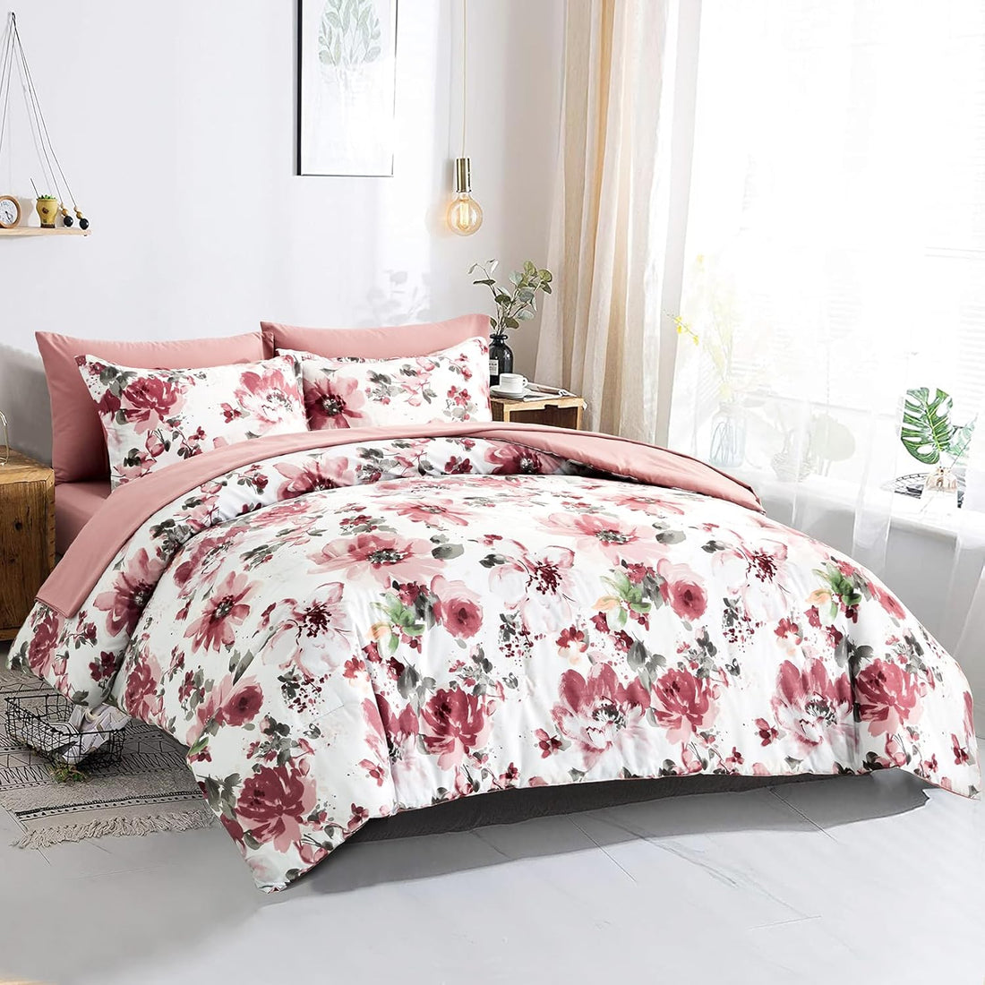 Juego de cama con flores en una bolsa: juego de edredón completo para todas las estaciones con 7 piezas de flores rosas