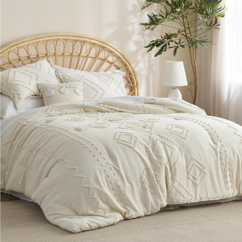 Juego de edredón tamaño queen, edredón blanco, juego de edredón bohemio con mechones estilo shabby chic, juego de cama vintage de 3 piezas para todas las estaciones, juego de cama suave y esponjoso con 2 fundas de almohada 