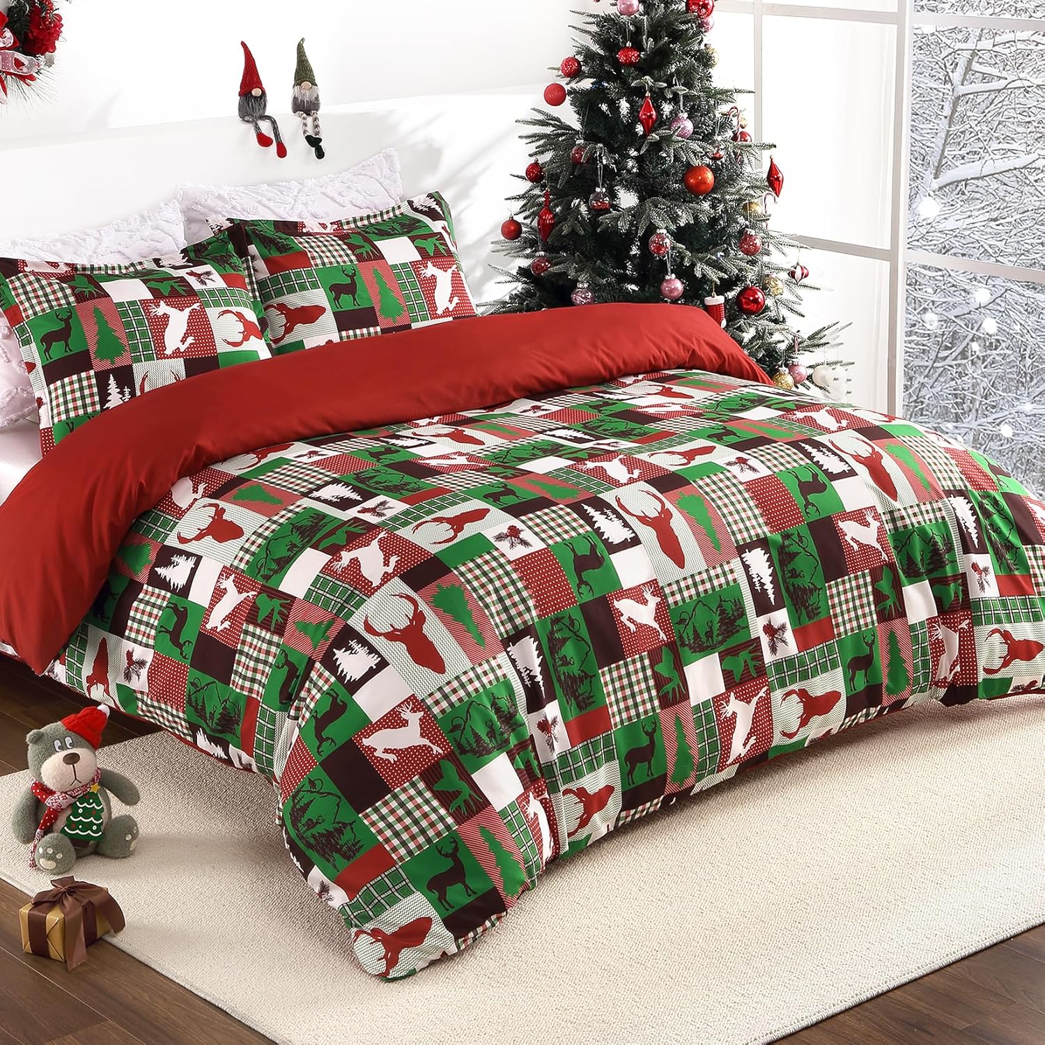 Christmas Duvet Cover Set - 3 Pcs. Reindeer Multi-Colored Patchwork