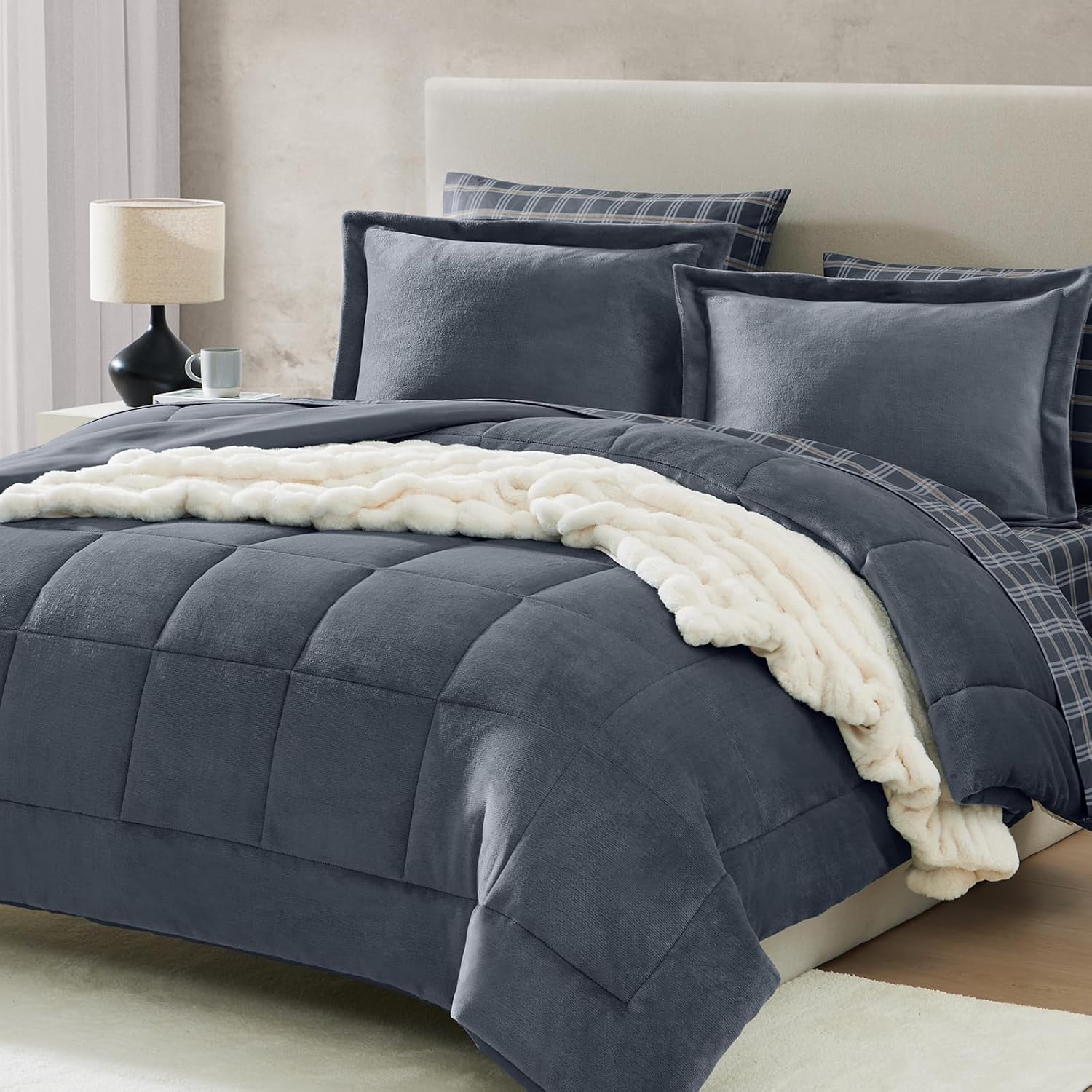 Fleece Queen Comforter Set-7 Pieces Bed in A Bag Queen,Blue Grey Plush Bedding Comforter Sets, Soft Warm Queen Comforter Set with Sheets,Comforter,Pillowcases and Shams