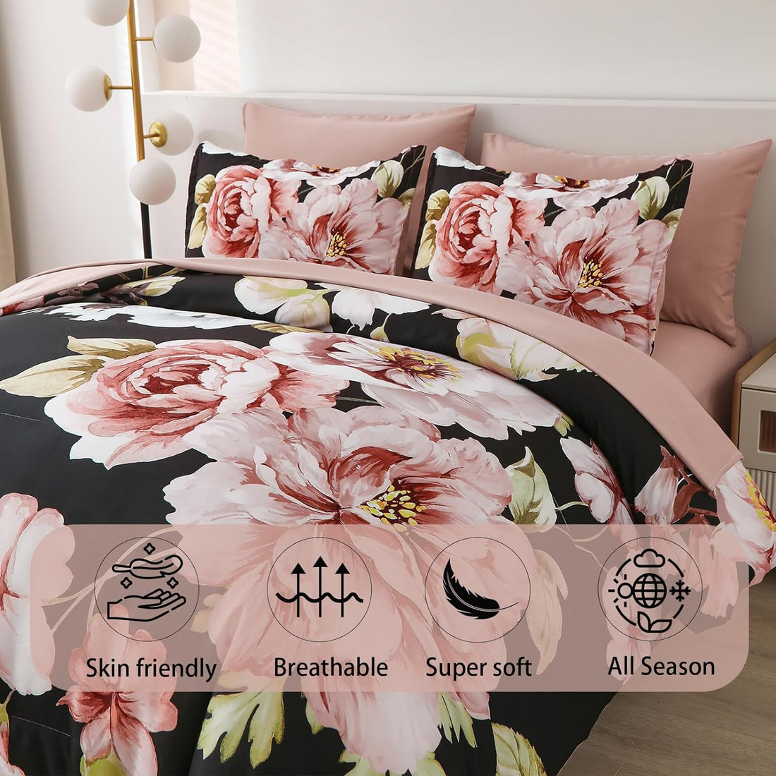 Juego de cama con estampado floral en una bolsa: juego de 7 piezas de edredón con estampado floral rosa