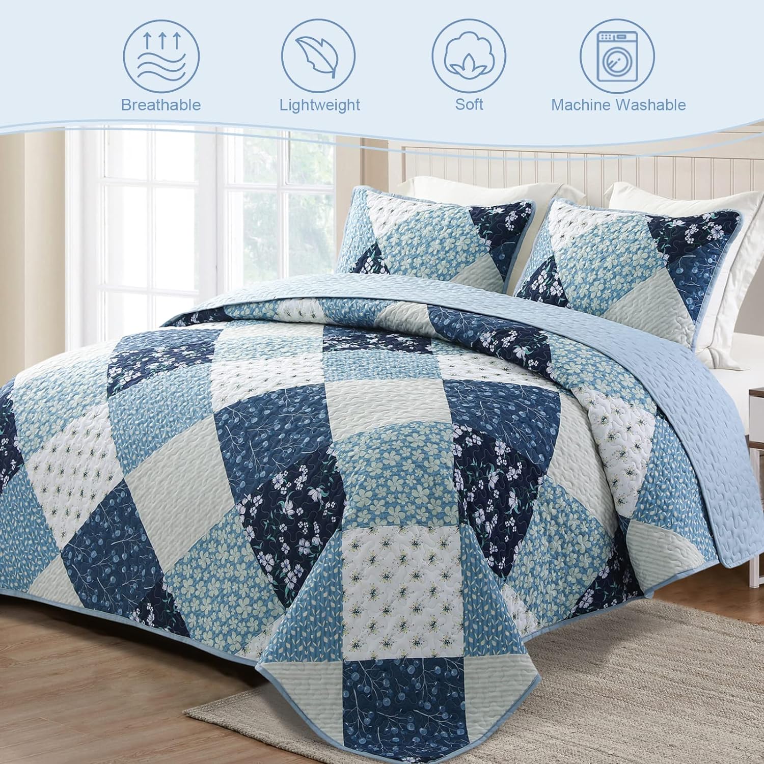 Juego de edredón reversible con diseño de patchwork bohemio y flores: juego de cama de 3 piezas para todas las estaciones