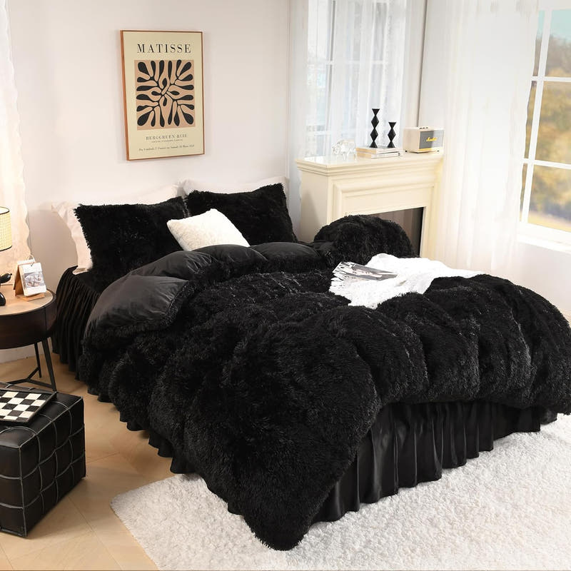 Edredón mullido negro tamaño Queen, juego de cama de piel sintética de felpa difusa de lujo para cama tamaño Queen, edredón cálido de terciopelo ultra suave, 3 piezas (1 edredón peludo de 90 × 90 pulgadas, 2 fundas de almohada) 