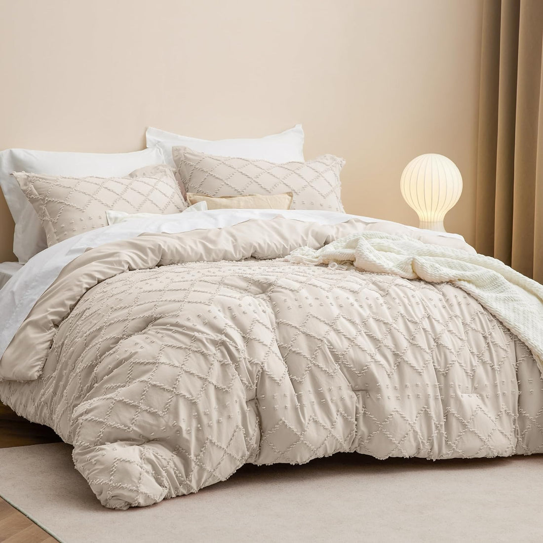 Juego de edredón tamaño queen, edredón beige, juego de edredón bohemio con mechones estilo shabby chic, juego de cama vintage de 3 piezas para todas las estaciones, juego de cama suave y esponjoso con 2 fundas de almohada