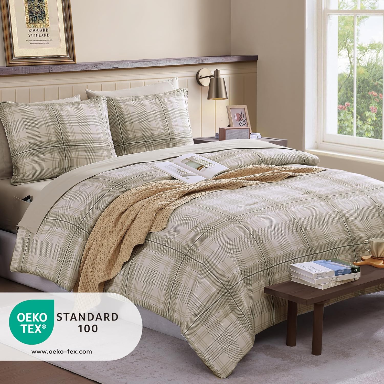 Juego de cama clásico a cuadros en una bolsa: juego de 7 piezas de edredón estilo granja