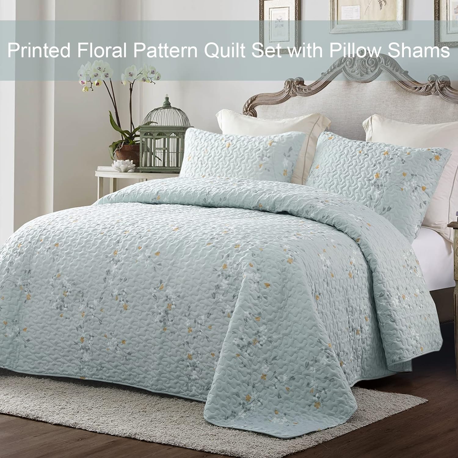 Reversible Floral All Season Quilt Set - 3 Piece Soft Lightweight Bedspread