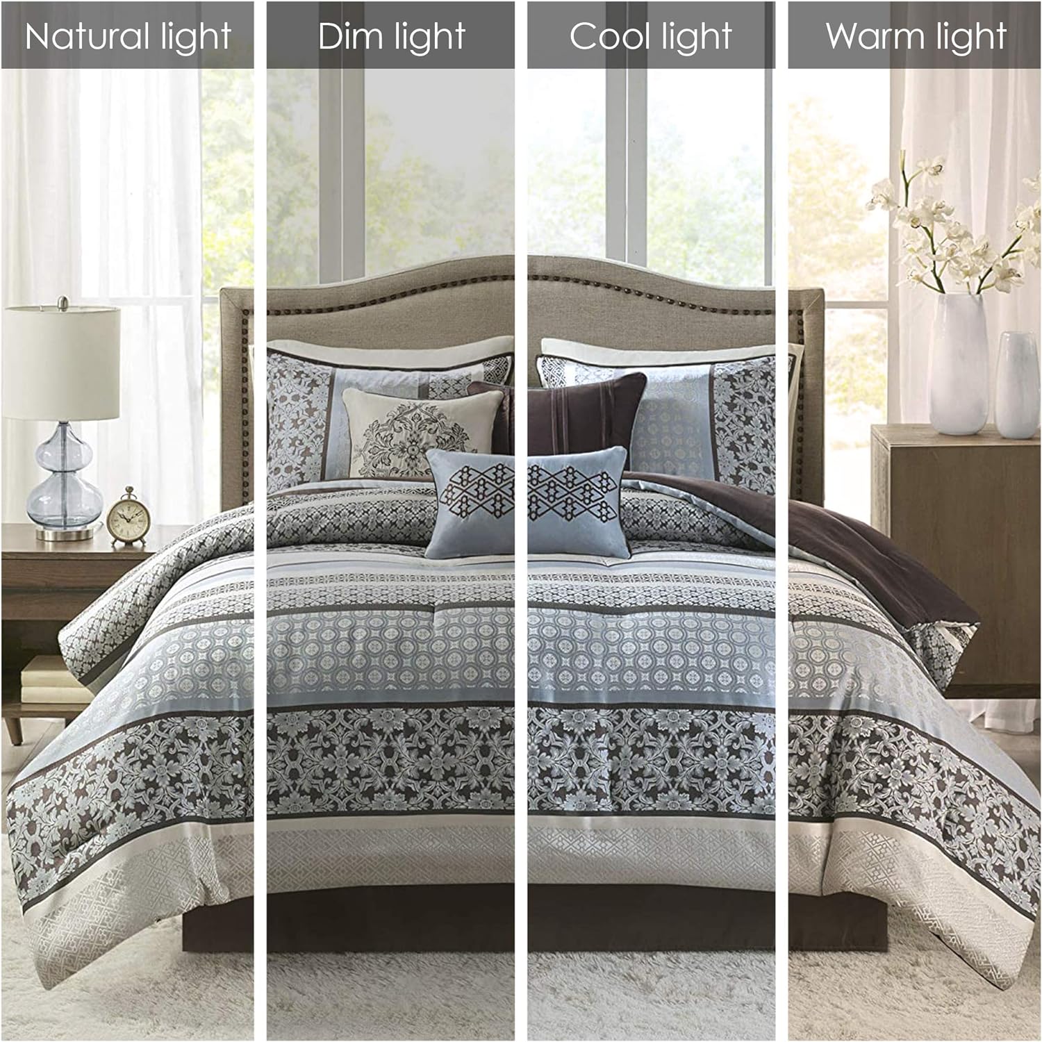 Juego de cama en bolsa de lujo con diseño de damasco y jacquard: 7 piezas con fundas de almohada y faldón de cama a juego