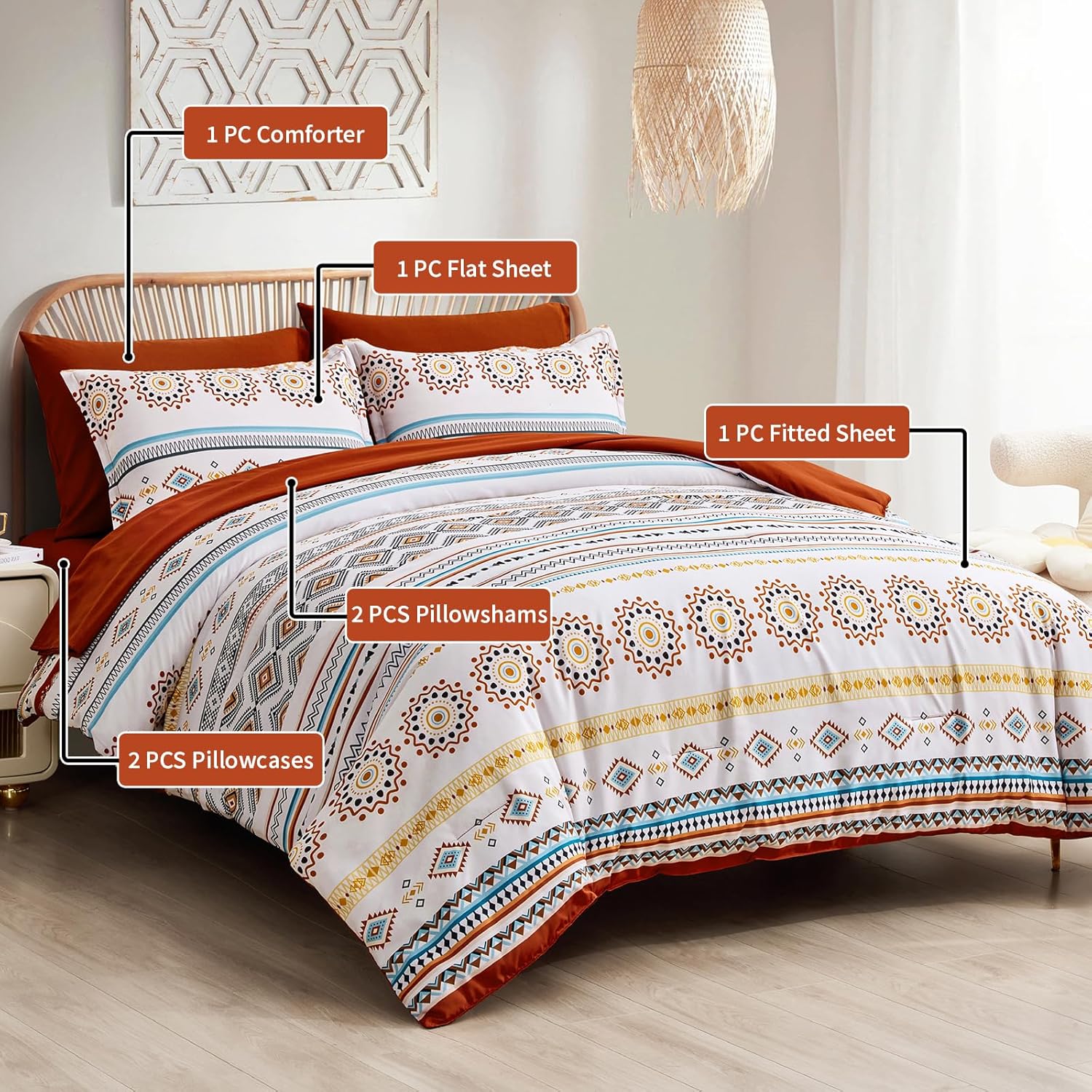 Boho Striped Bed in a Bag Set - 7 Pcs Microfiber Comforter Bedding Set