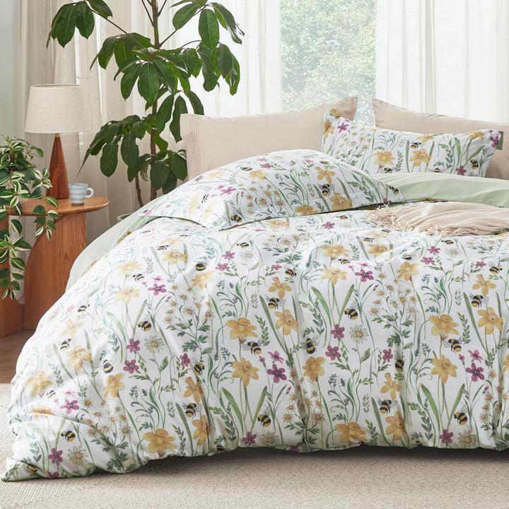 Juego de edredón reversible con motivos florales, 3 piezas. Juego de ropa de cama botánico