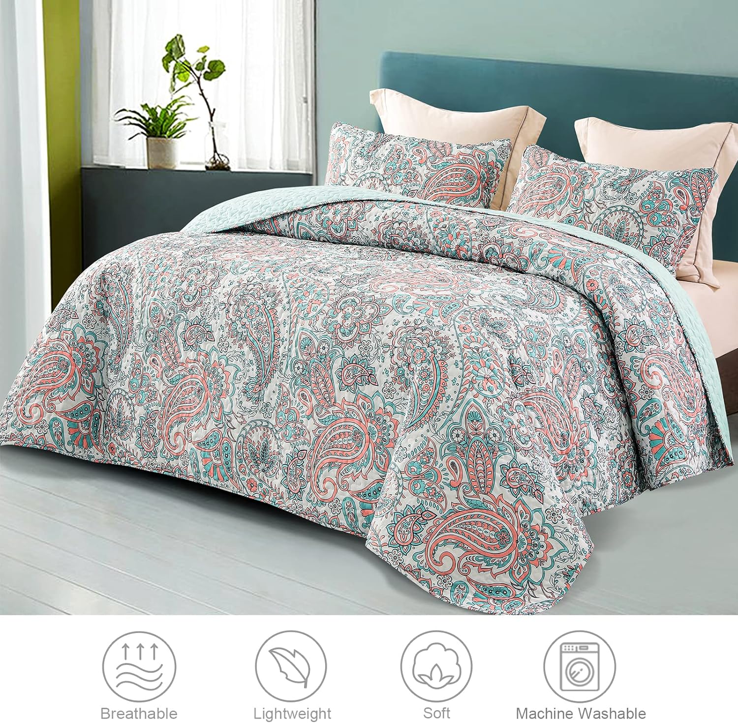 Reversible Paisley Boho Quilt Set - 3 Pcs All Season Bedspread Set