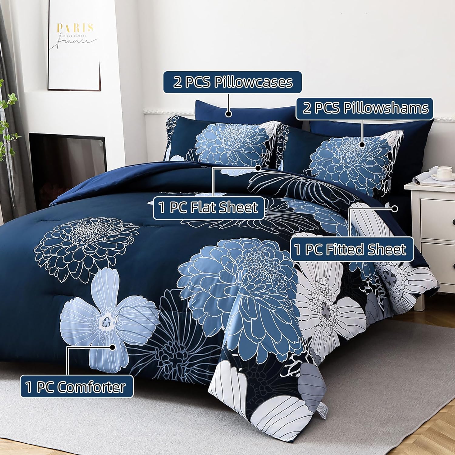 Floral Bed in a Bag Set - 7 Pcs Blue Flower Pattern All Season Comforter Set