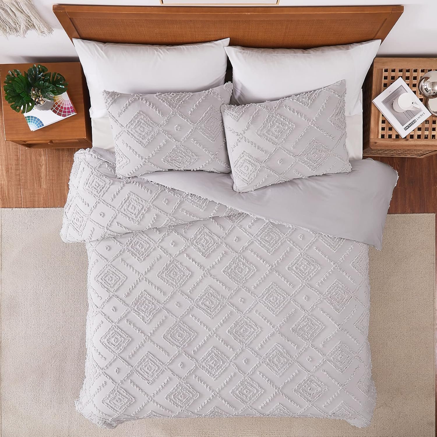 Juego de funda nórdica de algodón jacquard, 3 piezas, diseño geométrico de chenilla boho
