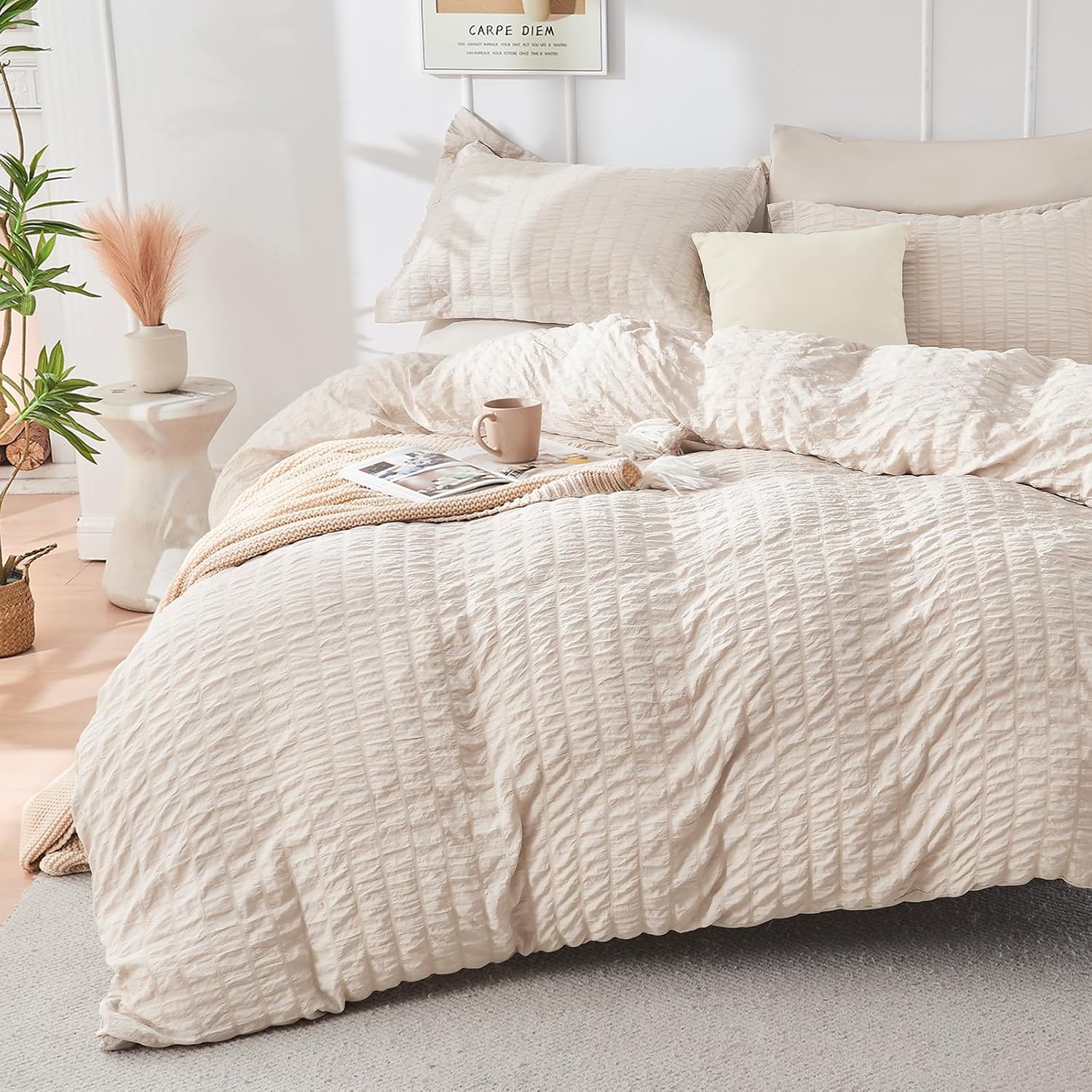 Crinkle Seersucker Bed in a Bag Set - 7 Pcs Beige Textured Comforter Set