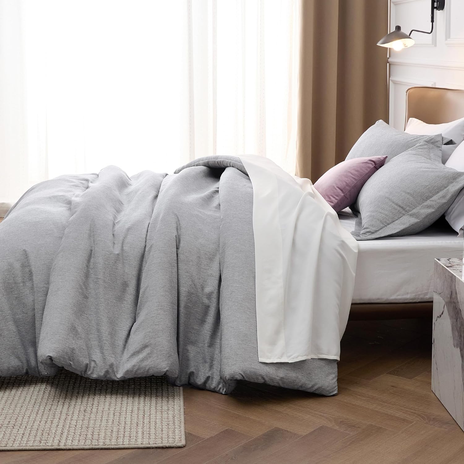 Grey Comforter Queen Size, Soft Bedding for All Seasons, Cationic Dyed Bedding Set, 3 Pieces, 1 Comforter (90"x90") and 2 Pillow Shams (20"x26"+2")