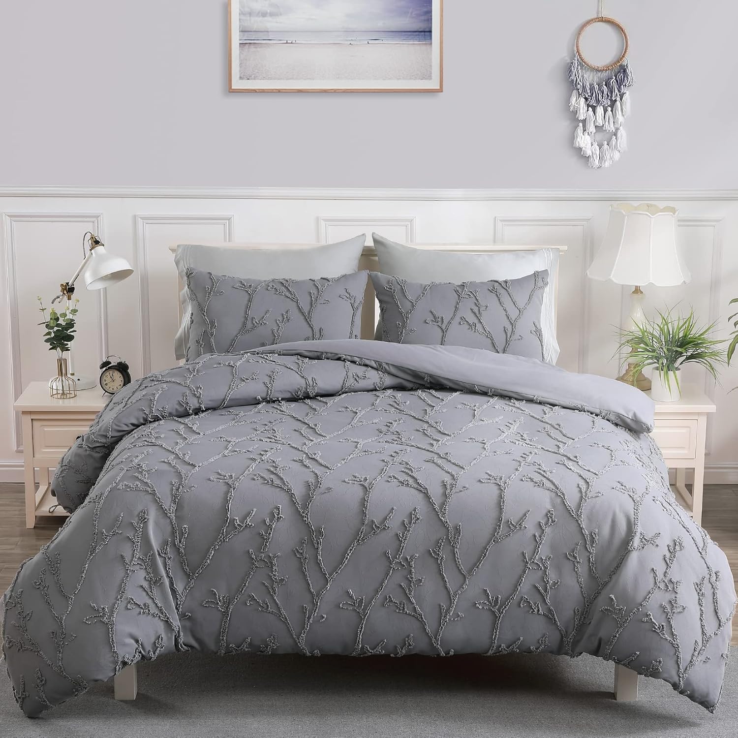 Juego de funda nórdica con bordado floral, 3 piezas, ramas con mechones elegantes