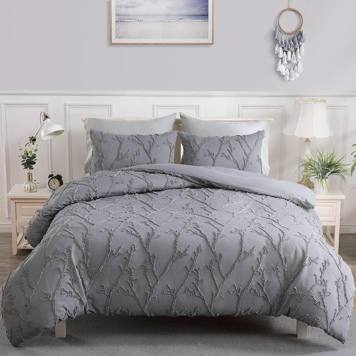 Embroidered Floral Duvet Cover Set - 3 Pcs. Chic Tufted Branches