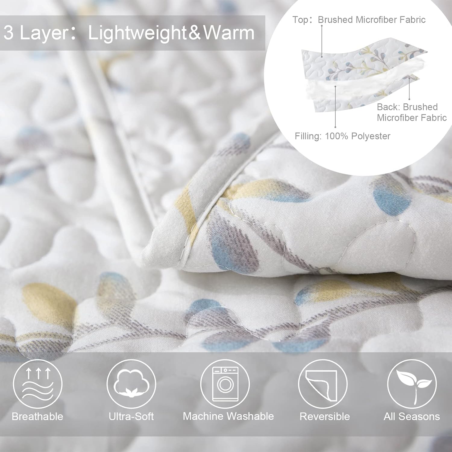 Reversible Lightweight Floral Quilt Set - 3 Piece Soft All Season Bedspreads