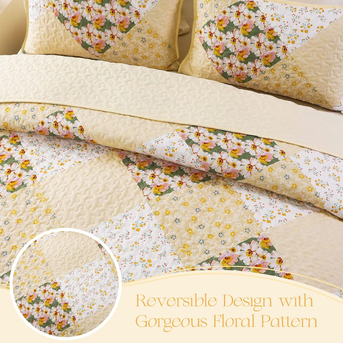 Reversible Floral Boho Patchwork Quilt Set - 3 Pcs All Season Bedspread